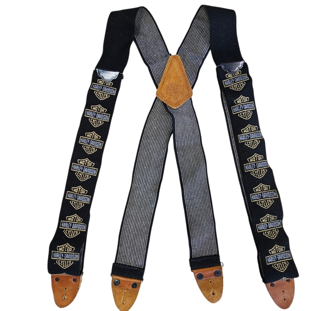 Harley-Davidson Vintage Black Bar & Shield Suspenders with Tan Leather Accents